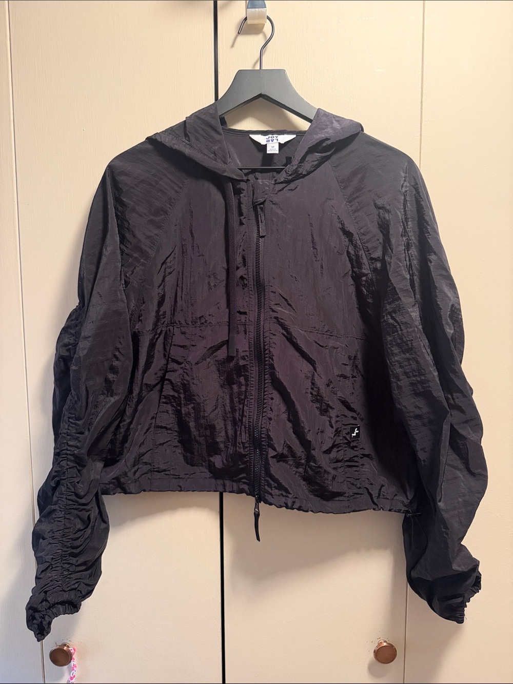 JoyLab Black Hooded Cropped Bomber Jacket with Ruched Sleeves